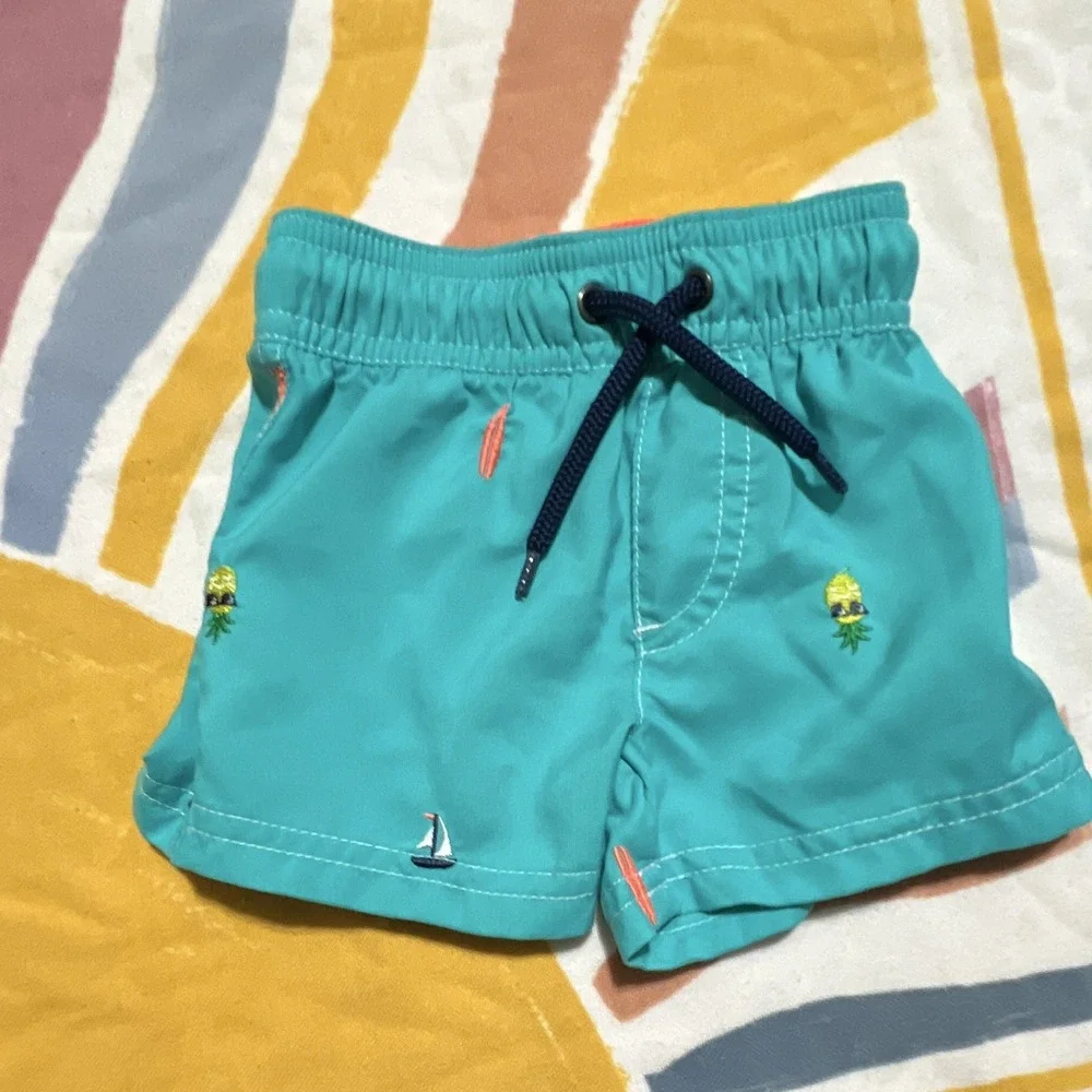 Carter's Boys Shark Swim Trunks Blue Drawstring Back Pocket 3 Months Polyester